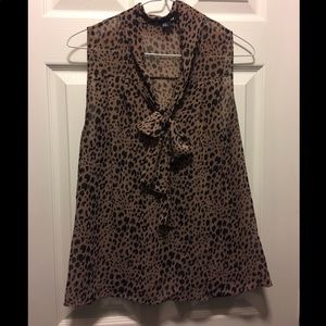 Sheer Leopard Print Tie Neck Sleeveless Blouse